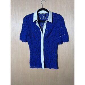 Mary Katrantzou $1200 designer lace appliqué short sleeve collar button down